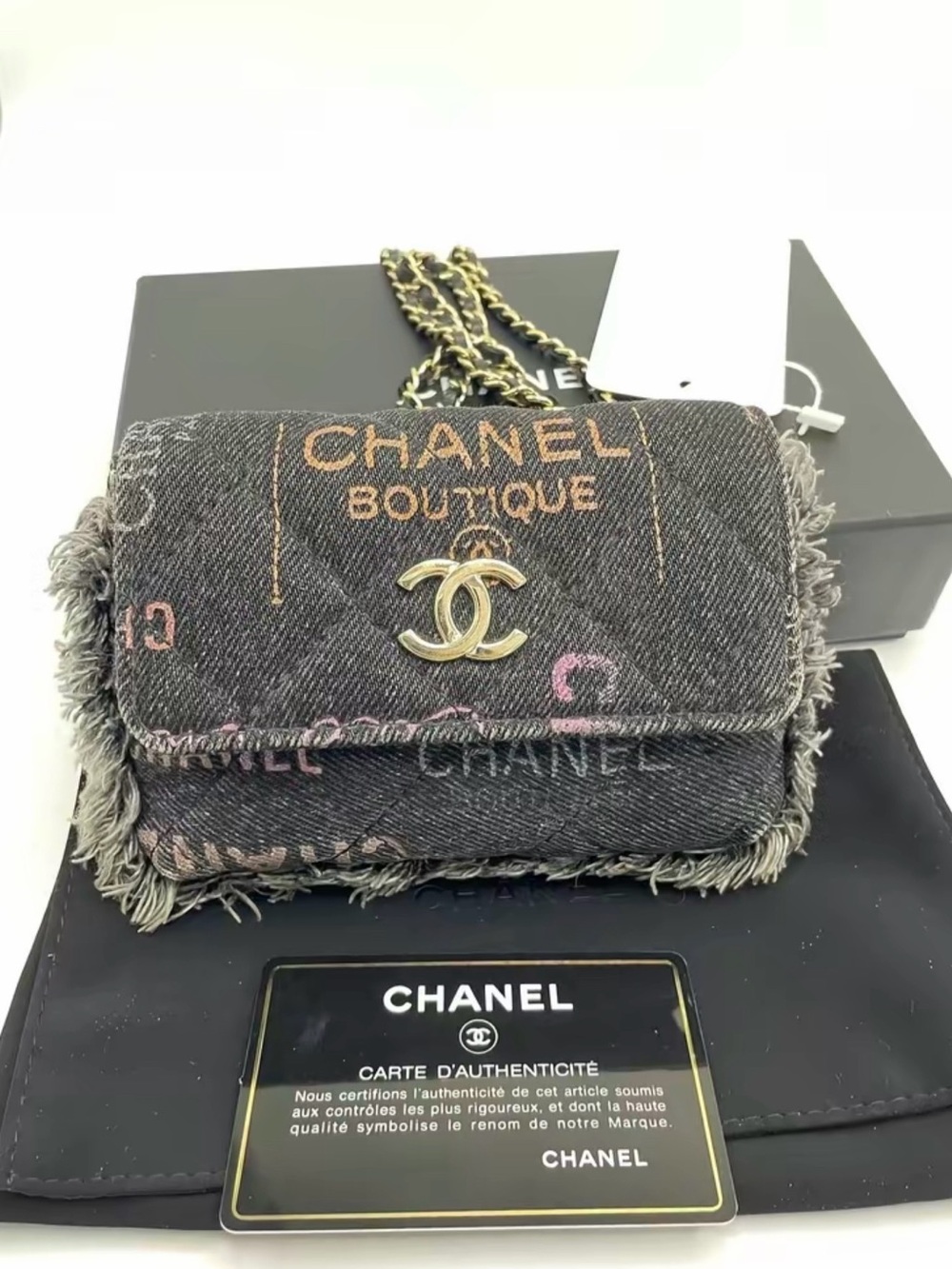 CHANEL 22P Graffiti Denim Mini Flap Clutch WOC Full Set | 99% New!